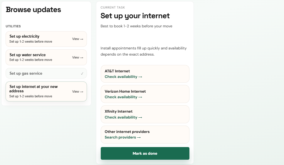 Address and utilities preview showing grouped updates and internet setup options.