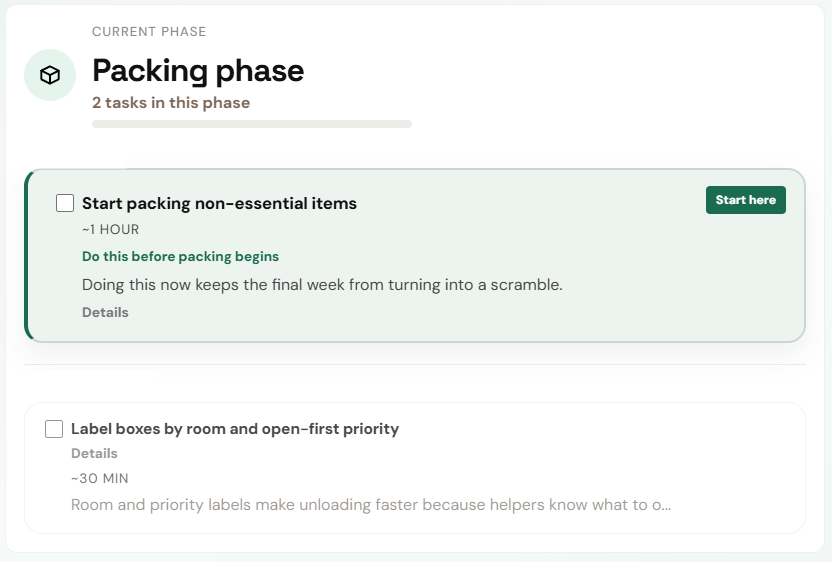 Checklist preview showing the current phase and next tasks.